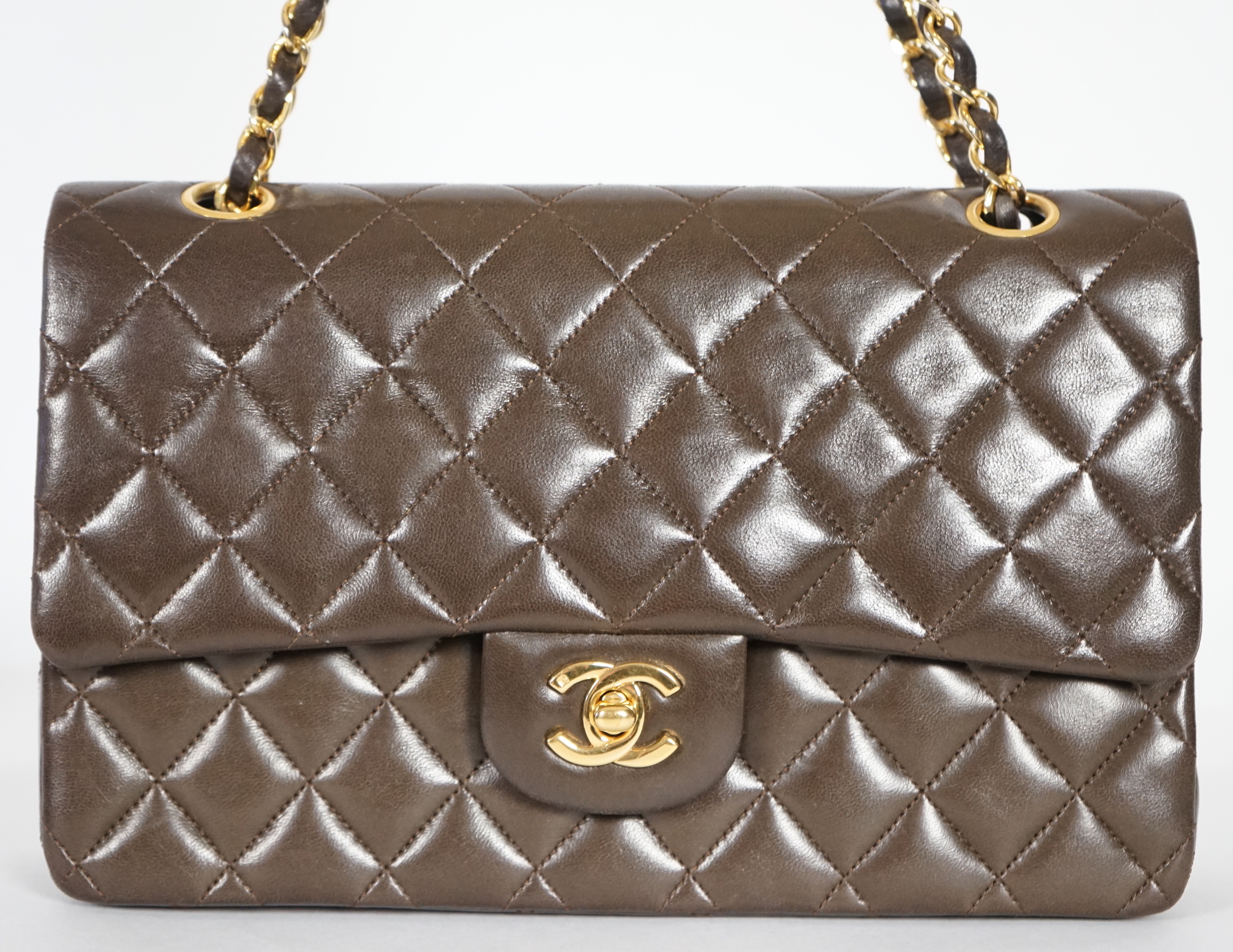 A Chanel brown quilted lambskin medium Classic Double Flap bag, width 25.5cm, height 15.5cm, depth 7cm